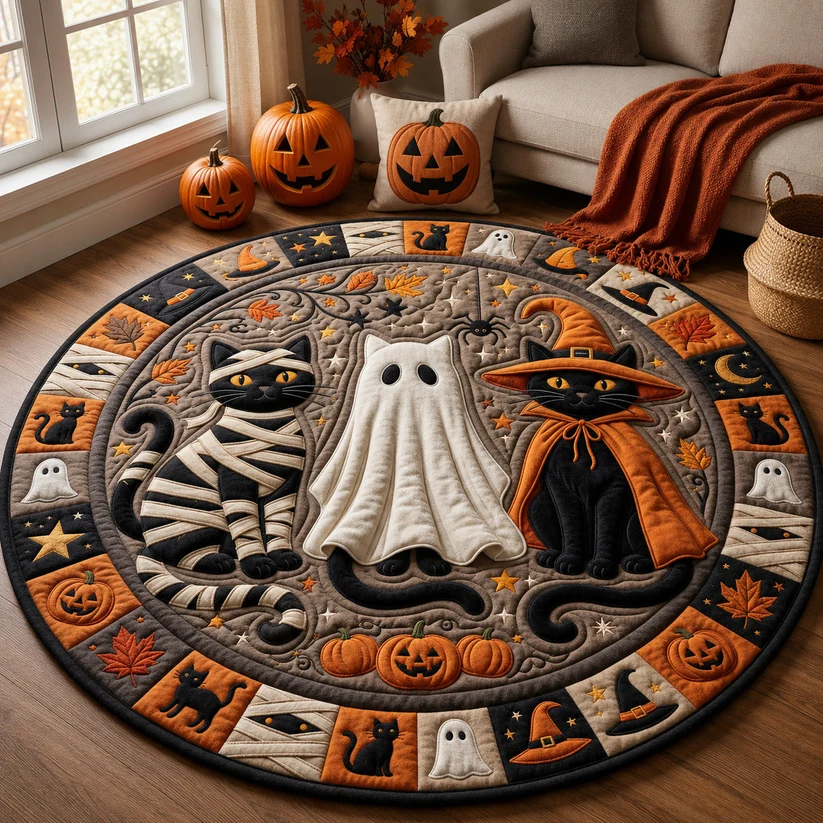 Witch Black Cat Quilted Round Mat