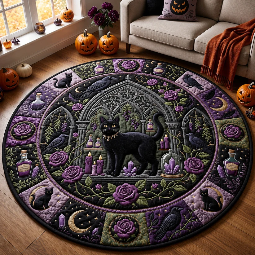 Witch Black Cat Quilted Round Mat