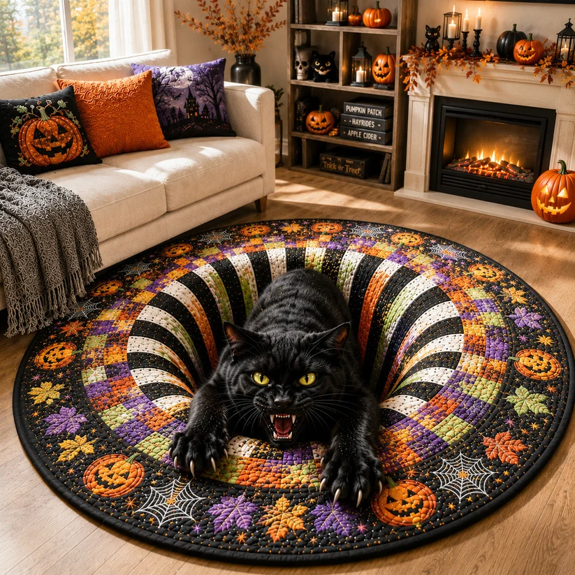 Creppy Black Cat Vortex Quilted Round Mat