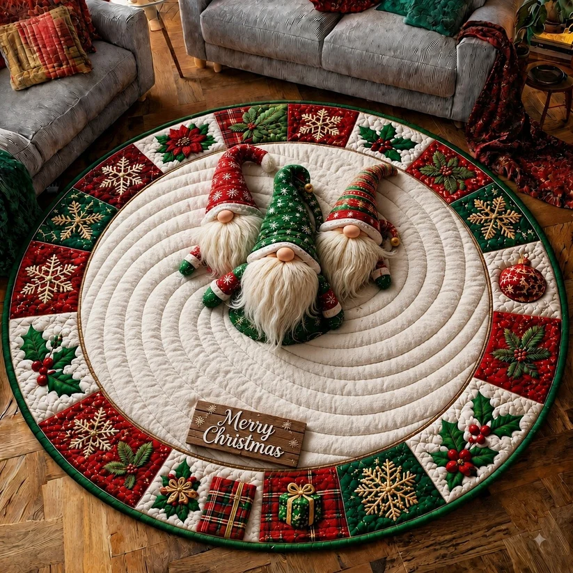Christmas Gnomes Party Quilted Round Mat