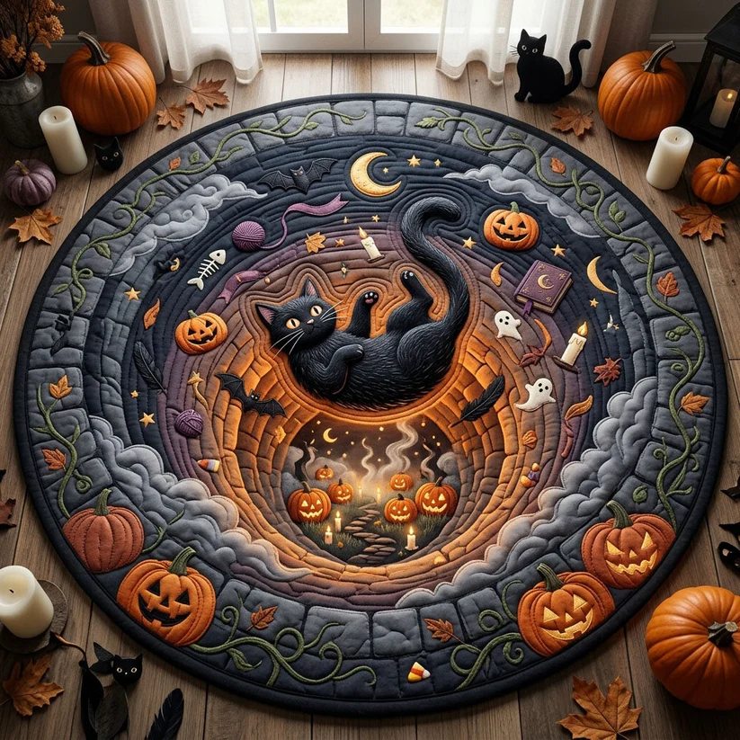 Cat Falling Into Pumpkin Vortex Quilted Round Mat