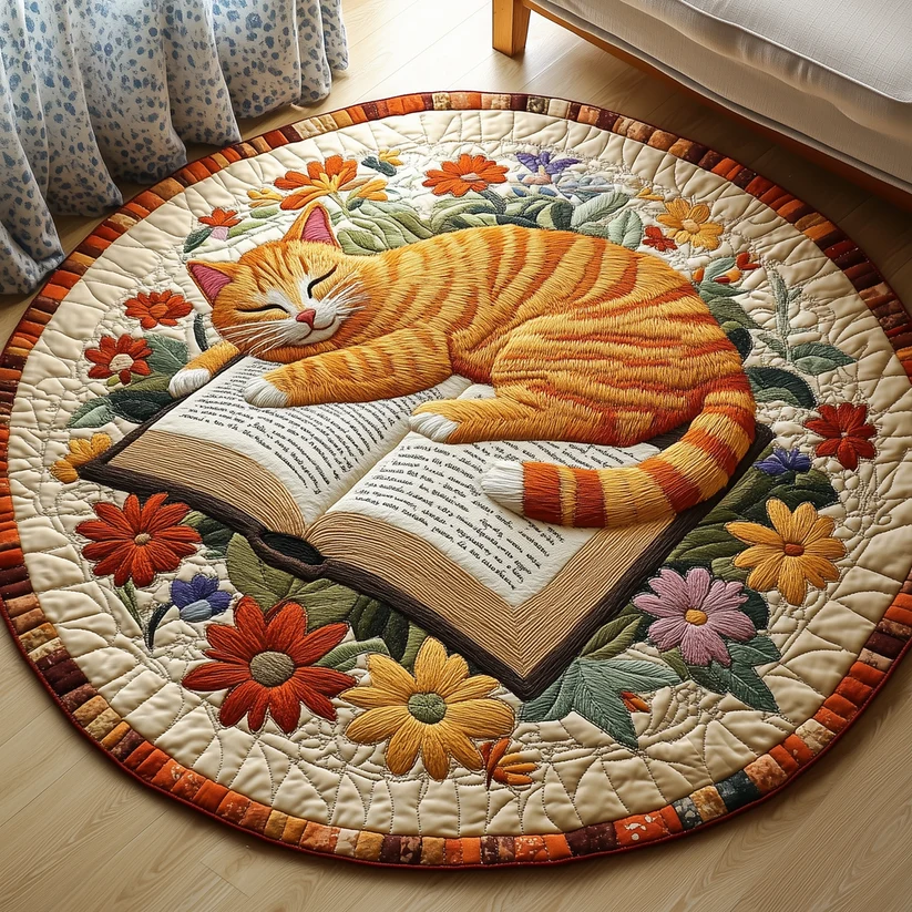 Sleepy Cat Quilted Round Mat