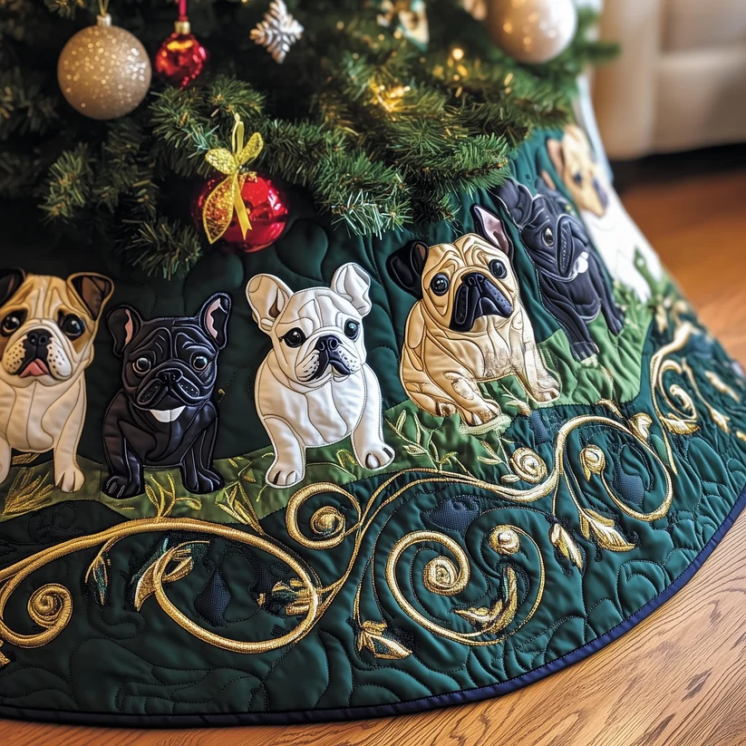 Festive French Bulldog Quilted Tree Skirt