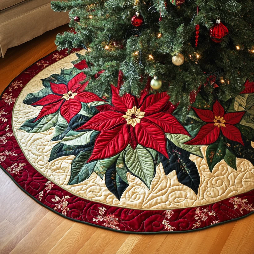 Elegant Poinsettia Quilted Tree Skirt