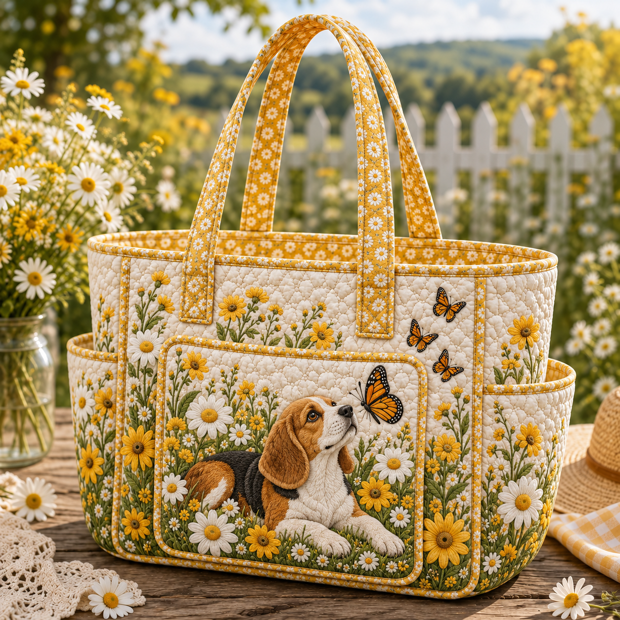 Daisy Butterfly Dachshund Multiple Pockets Quilted Tote Bag
