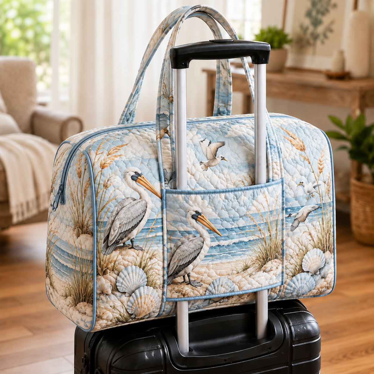 Coastal Pelican Seashell Quilted Weekender Bag With Trolley Sleeve