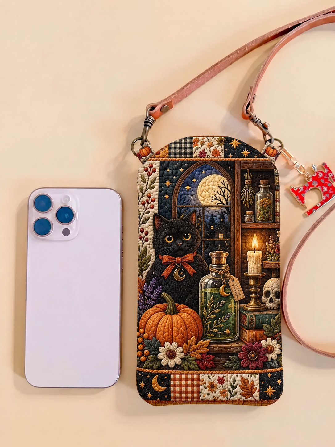 Black Cat Moonlit Patchwork Quilted Slim Phone Crossbody Bag