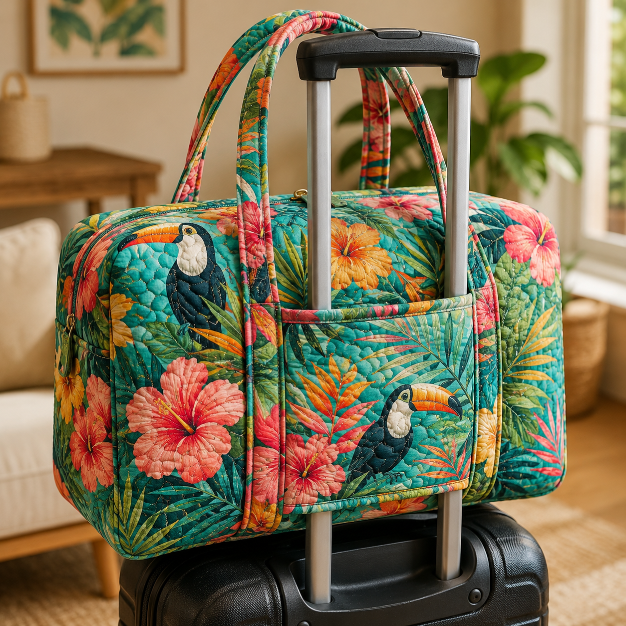 Tropical Toucan Hibiscus Quilted Weekender Bag With Trolley Sleeve