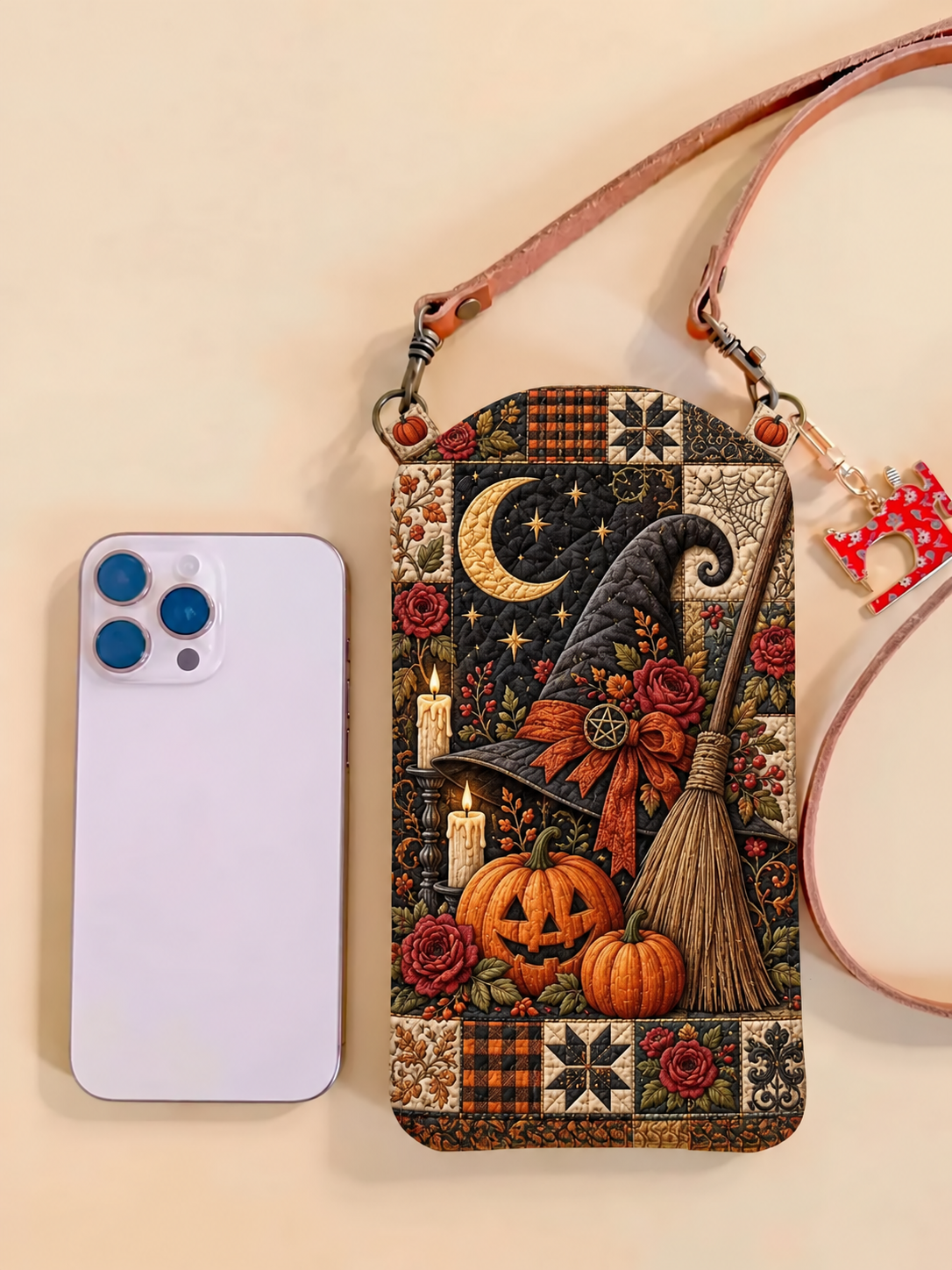 Witch Broom Pumpkin Patch Quilted Slim Phone Crossbody Bag
