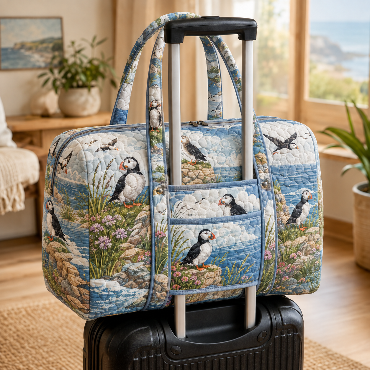 Puffin Coastal Meadow Quilted Weekender Bag With Trolley Sleeve