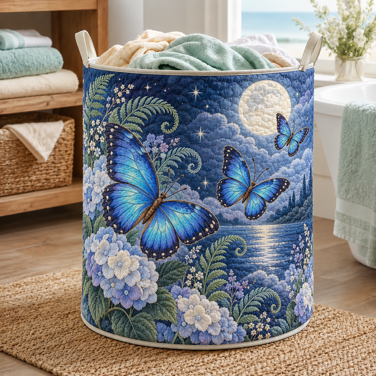 Moonlit Blue Butterfly Floral Quilted Laundry Basket