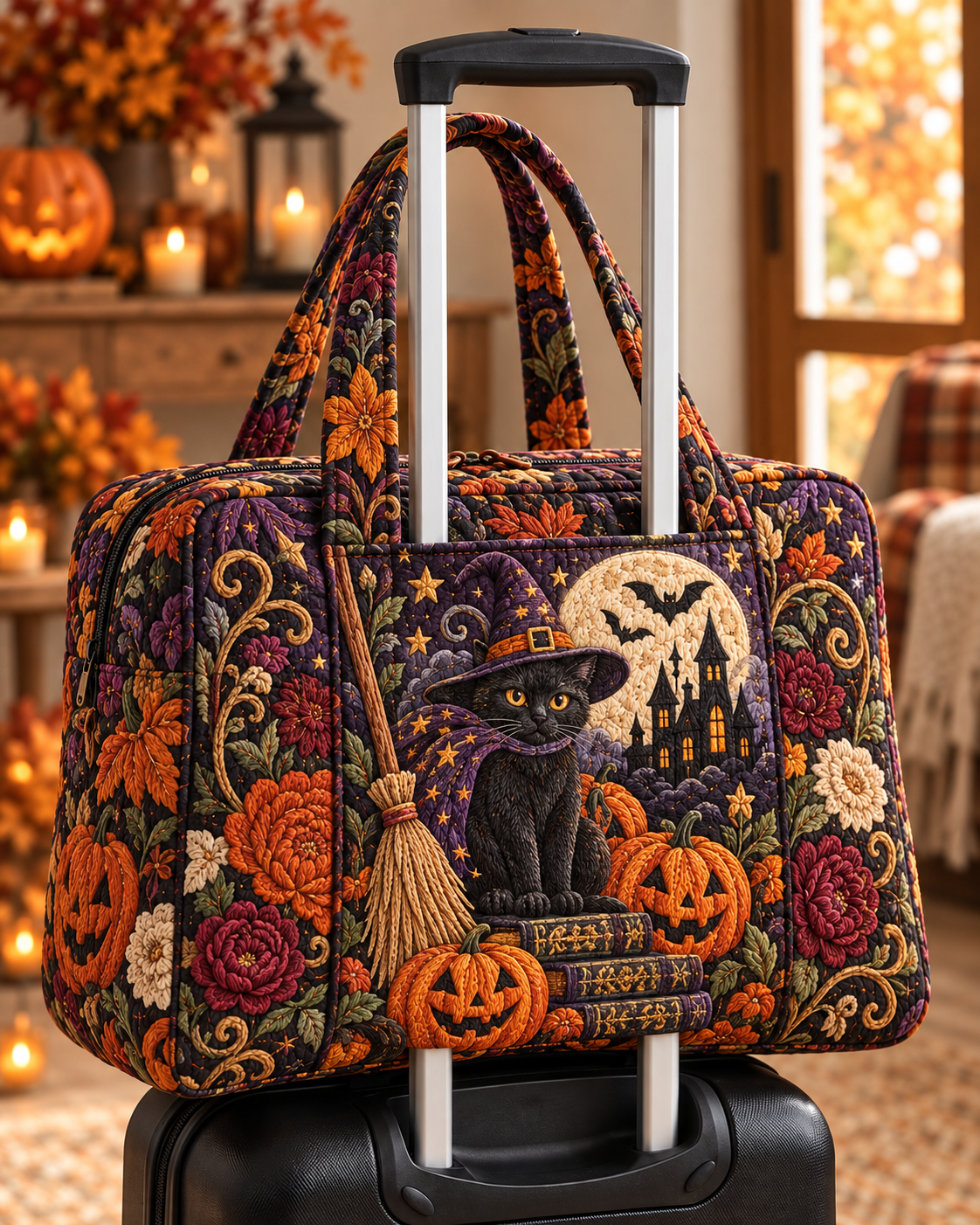 Black Cat Pumpkin Patch Quilted Weekender Bag With Trolley Sleeve