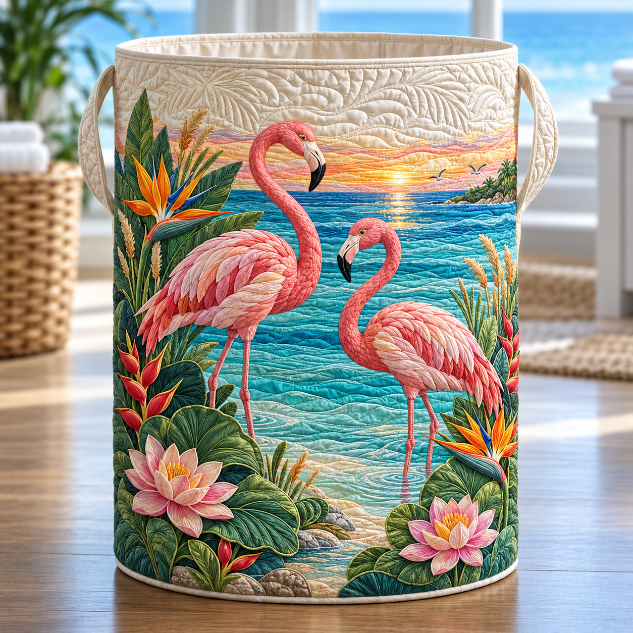 Flamingo Tropical Lagoon Quilted Laundry Basket