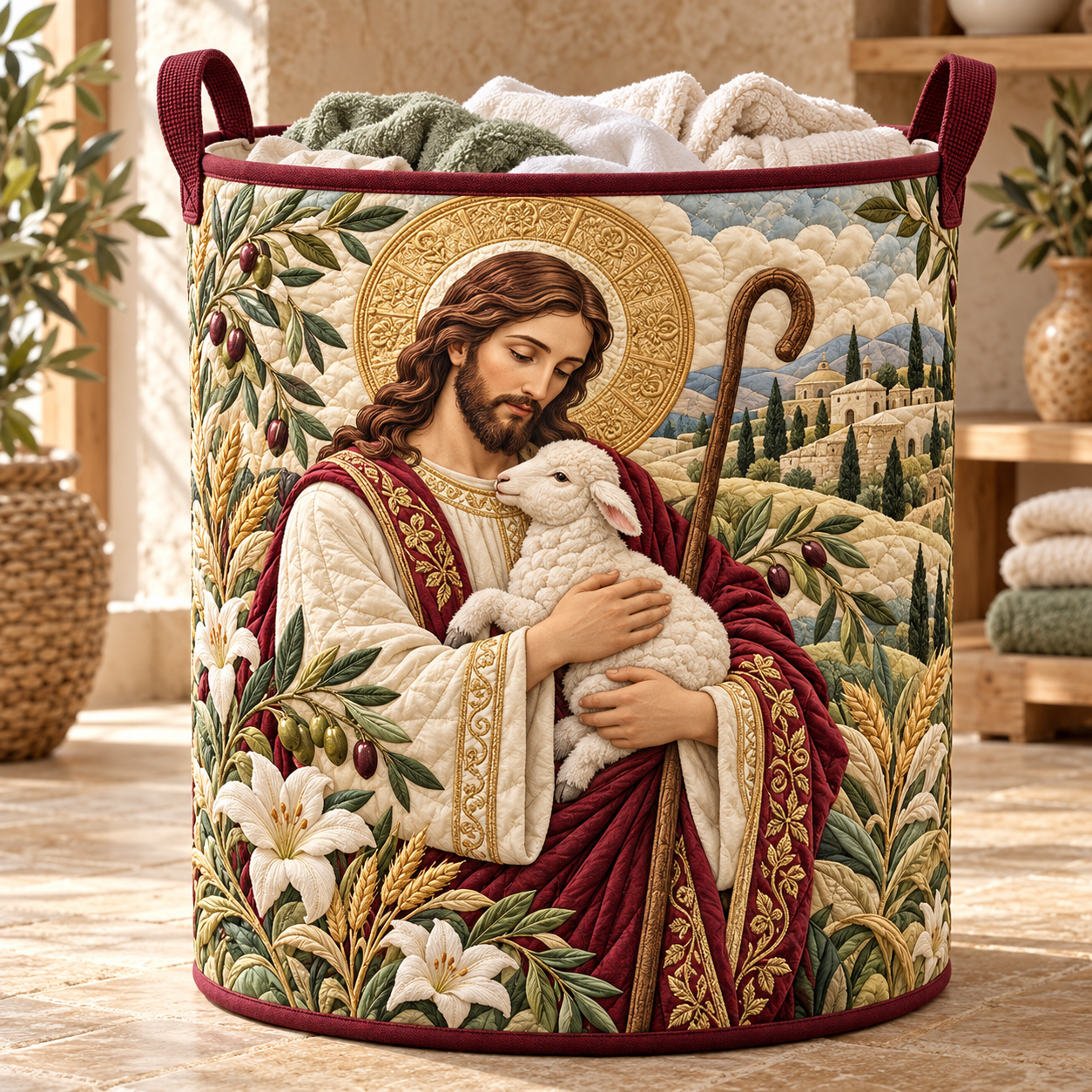 Good Shepherd Jesus & Lamb Quilted Laundry Basket