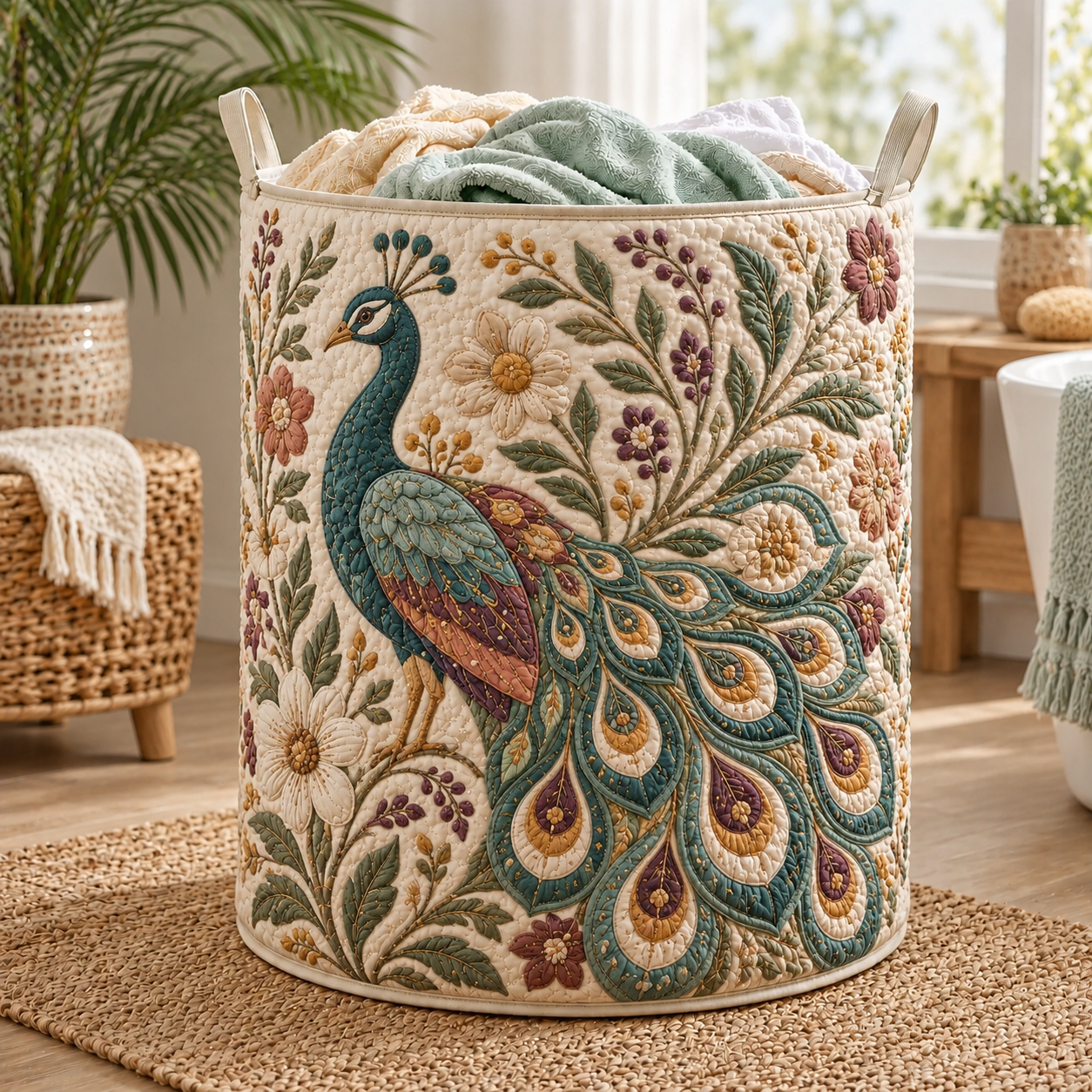 Bohemian Peacock Floral Quilted Laundry Basket