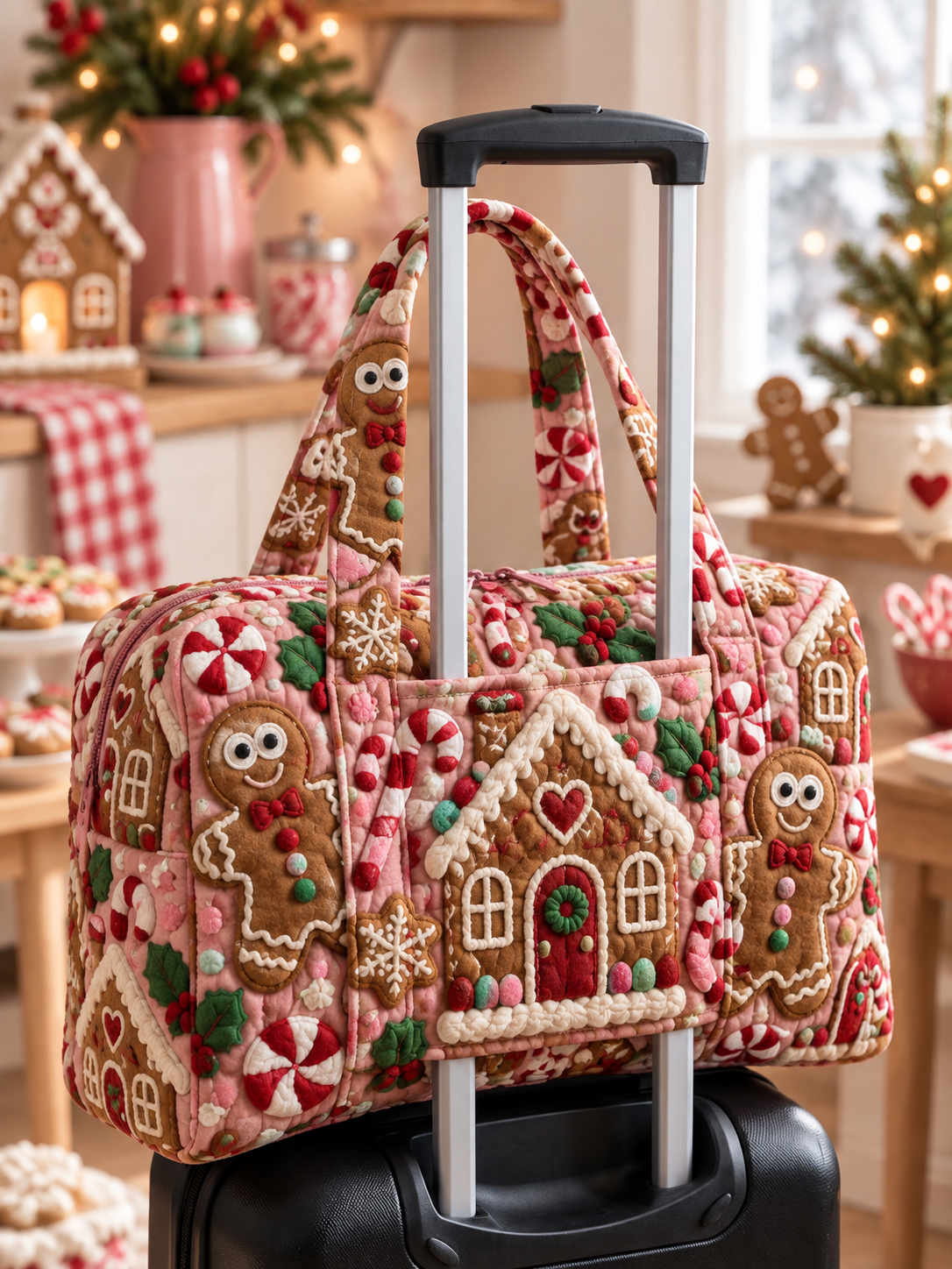 Pink Holiday Village Patchwork Quilted Weekender Bag With Trolley Sleeve