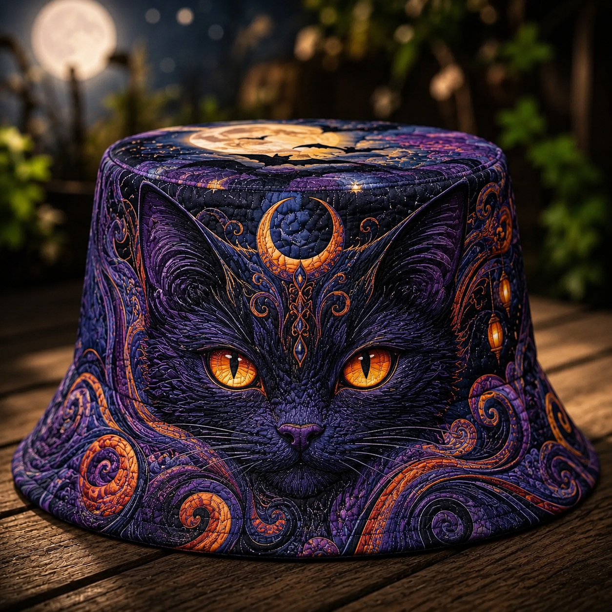 Mystic Black Cat Celestial Quilted Fishing Hat
