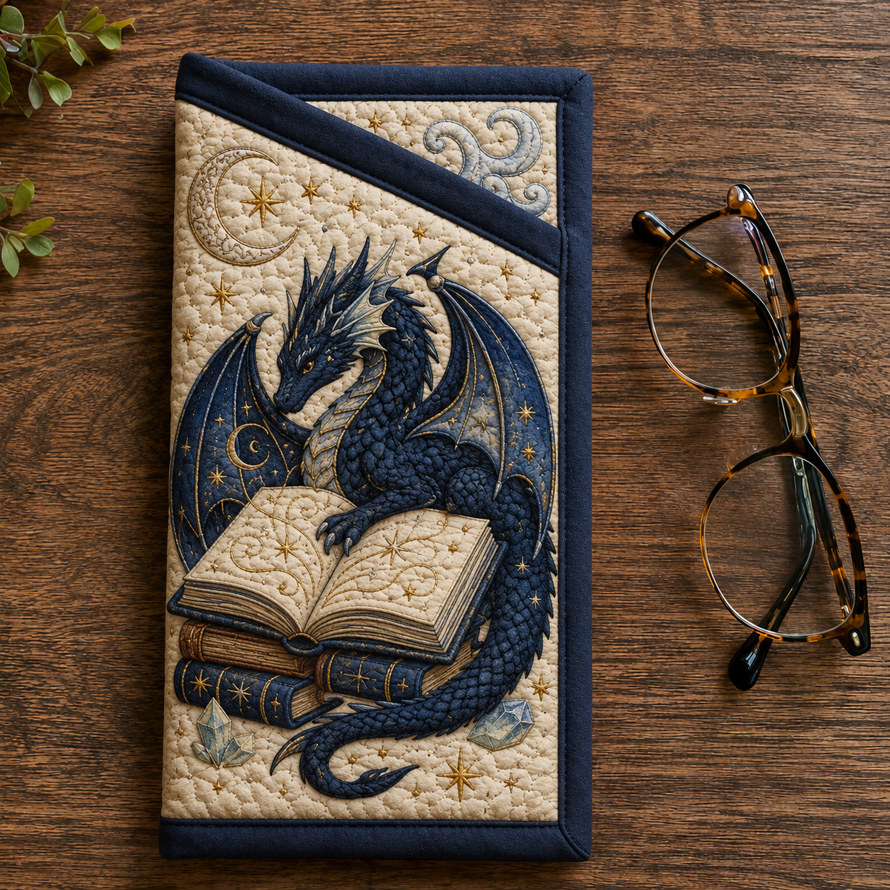 Blue Dragon & Open Book Quilted Eyeglass Case