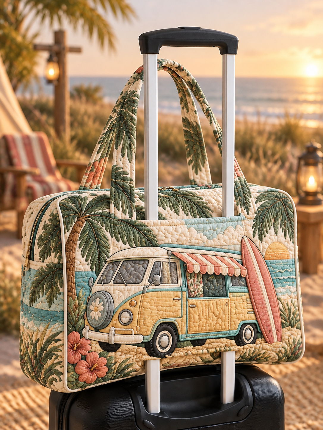 Beach Camper Van Sunset Quilted Weekender Bag With Trolley Sleeve