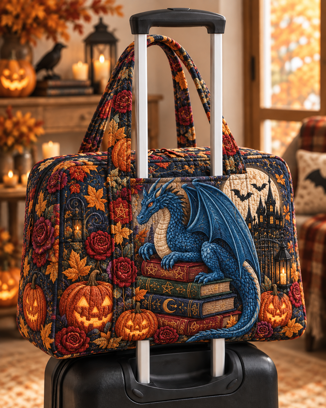 Midnight Dragon Pumpkin Garden Quilted Weekender Bag With Trolley Sleeve