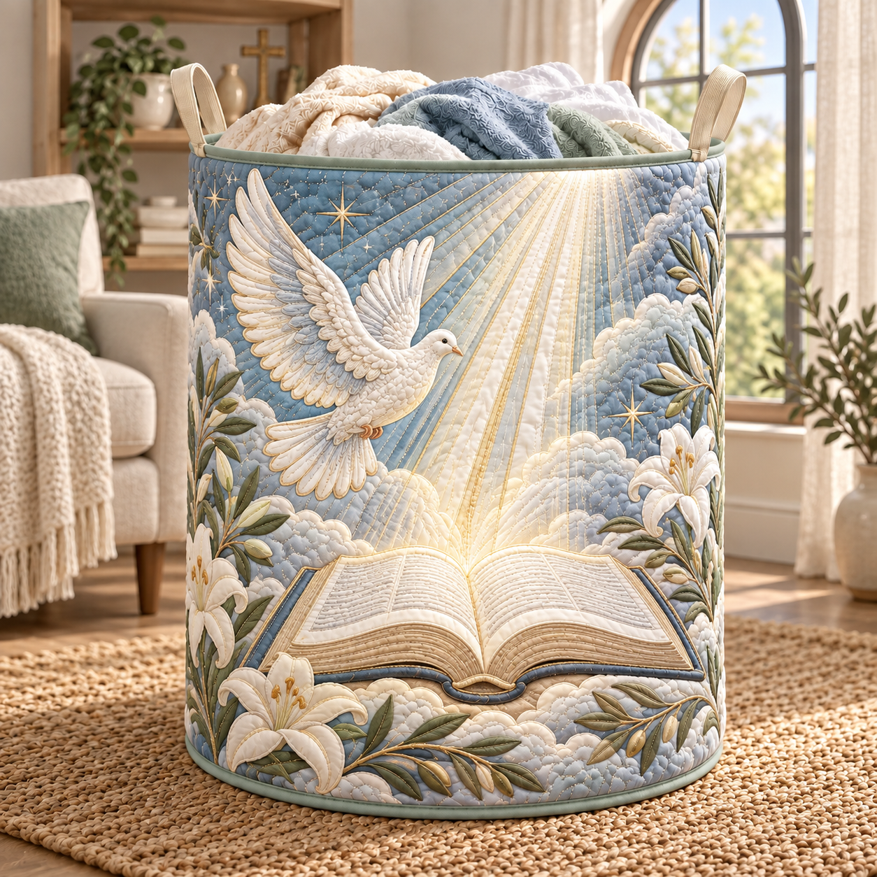 Holy Dove & Open Bible Quilted Laundry Basket