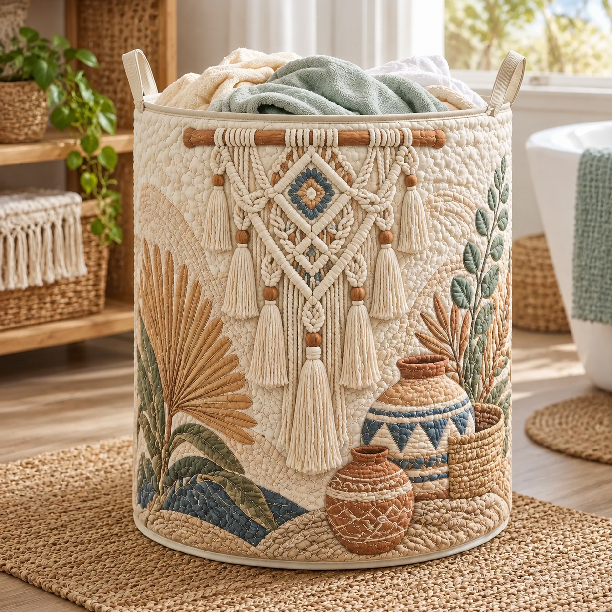 Macrame Desert Boho Quilted Laundry Basket