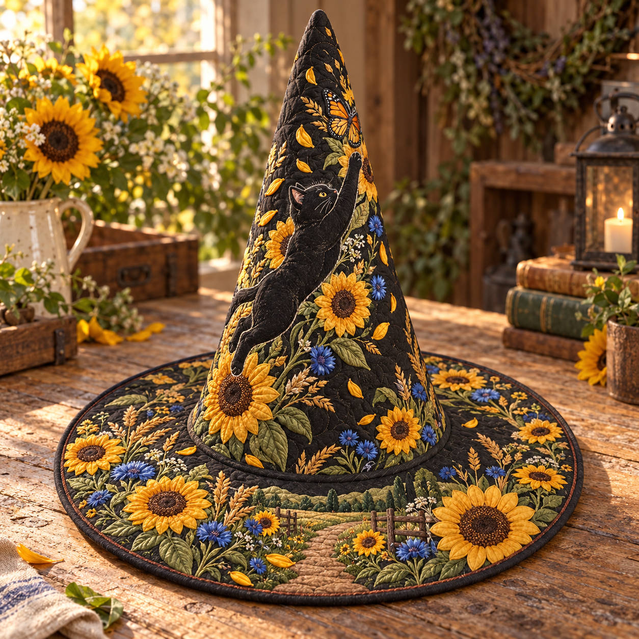 Black Cat Quilted Witch Hat