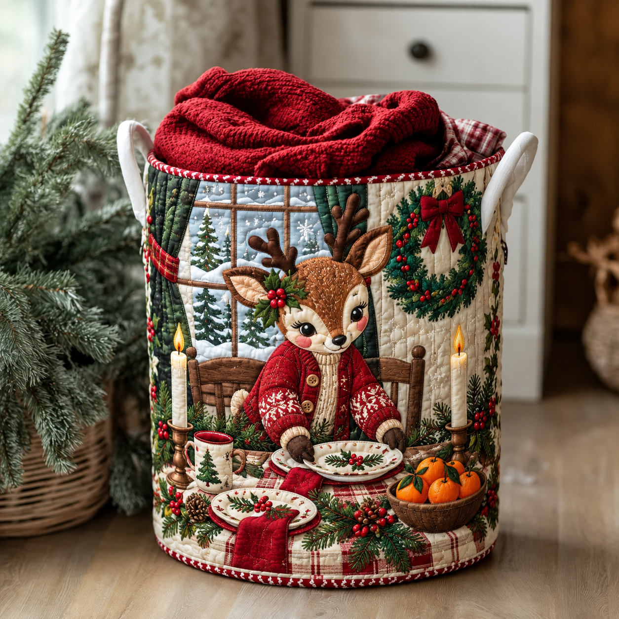 Reindeer Holiday Table Quilted Laundry Basket