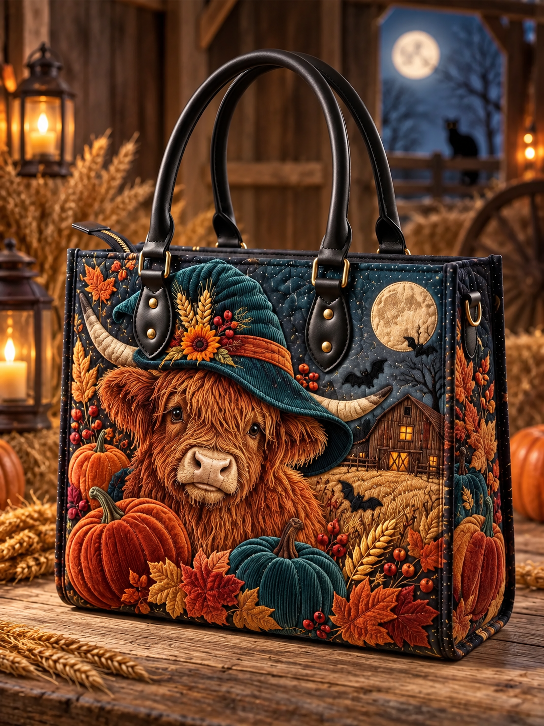 Highland Cow Harvest Moon Quilted Leather Strap Bible Handbag