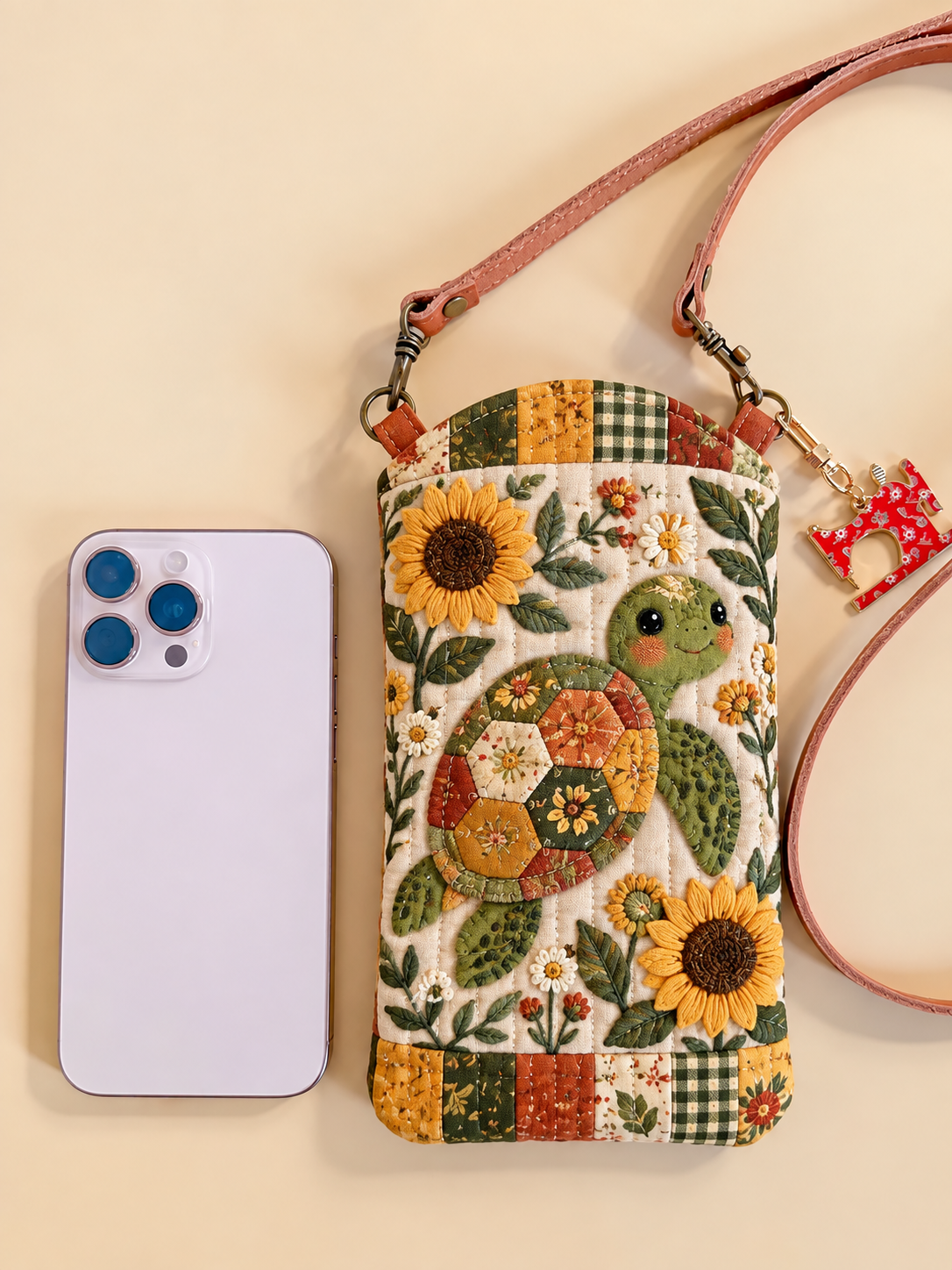 Sunflower Sea Turtle Mosaic Quilted Slim Phone Crossbody Bag