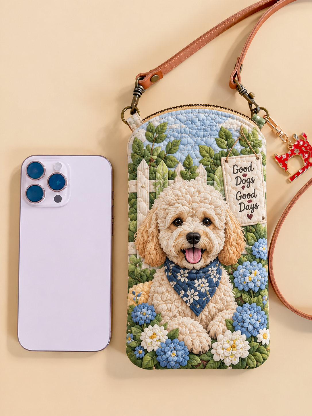 Poodle Hydrangea Bloom Quilted Slim Phone Crossbody Bag