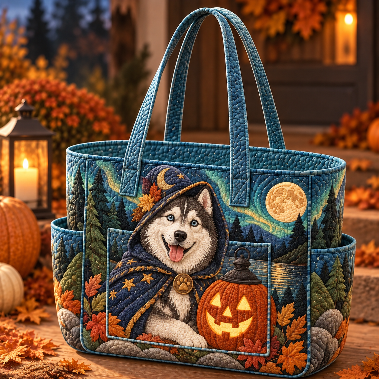 Husky Witch Pumpkin Night Multiple Pockets Quilted Tote Bag