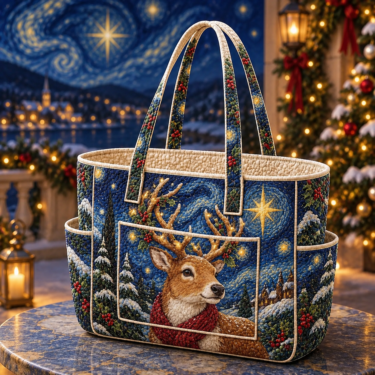 Starry Reindeer Winter Night Multiple Pockets Quilted Tote Bag