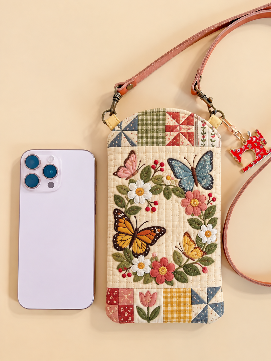Wildflower Butterfly Patchwork Quilted Slim Phone Crossbody Bag
