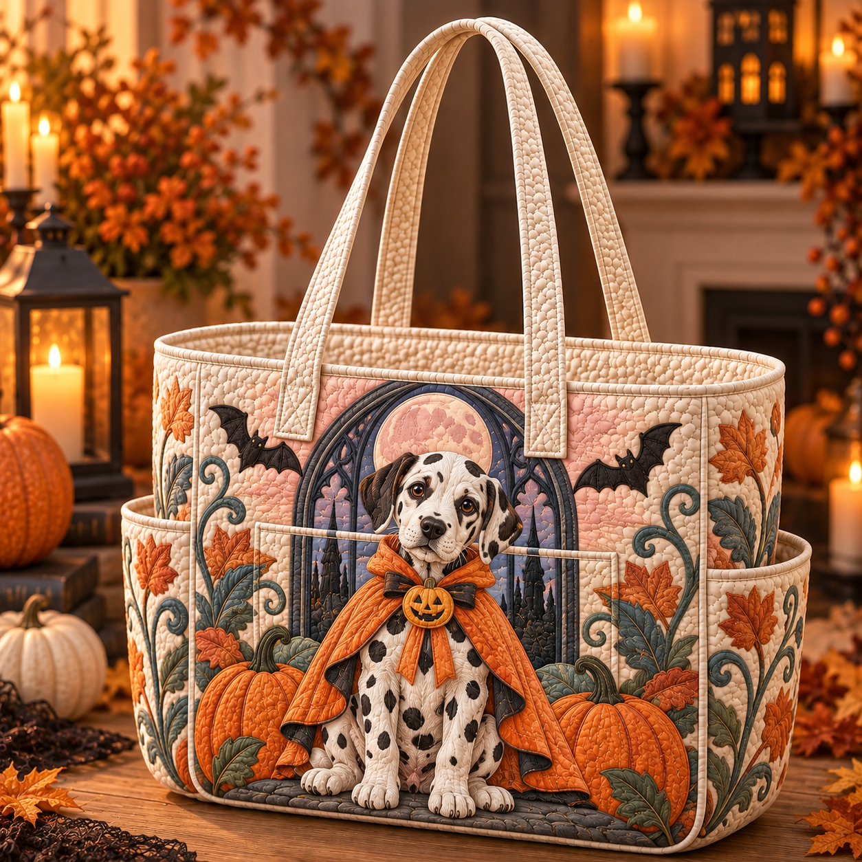 Dalmatian Witch Costume Halloween Multiple Pockets Quilted Tote Bag