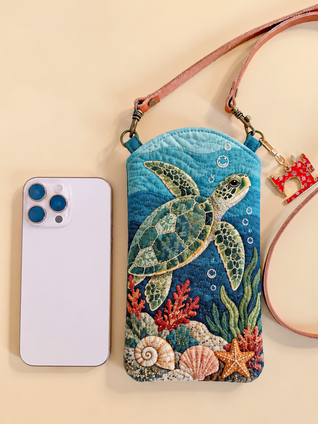 Blue Sea Turtle Coral Reef Quilted Slim Phone Crossbody Bag