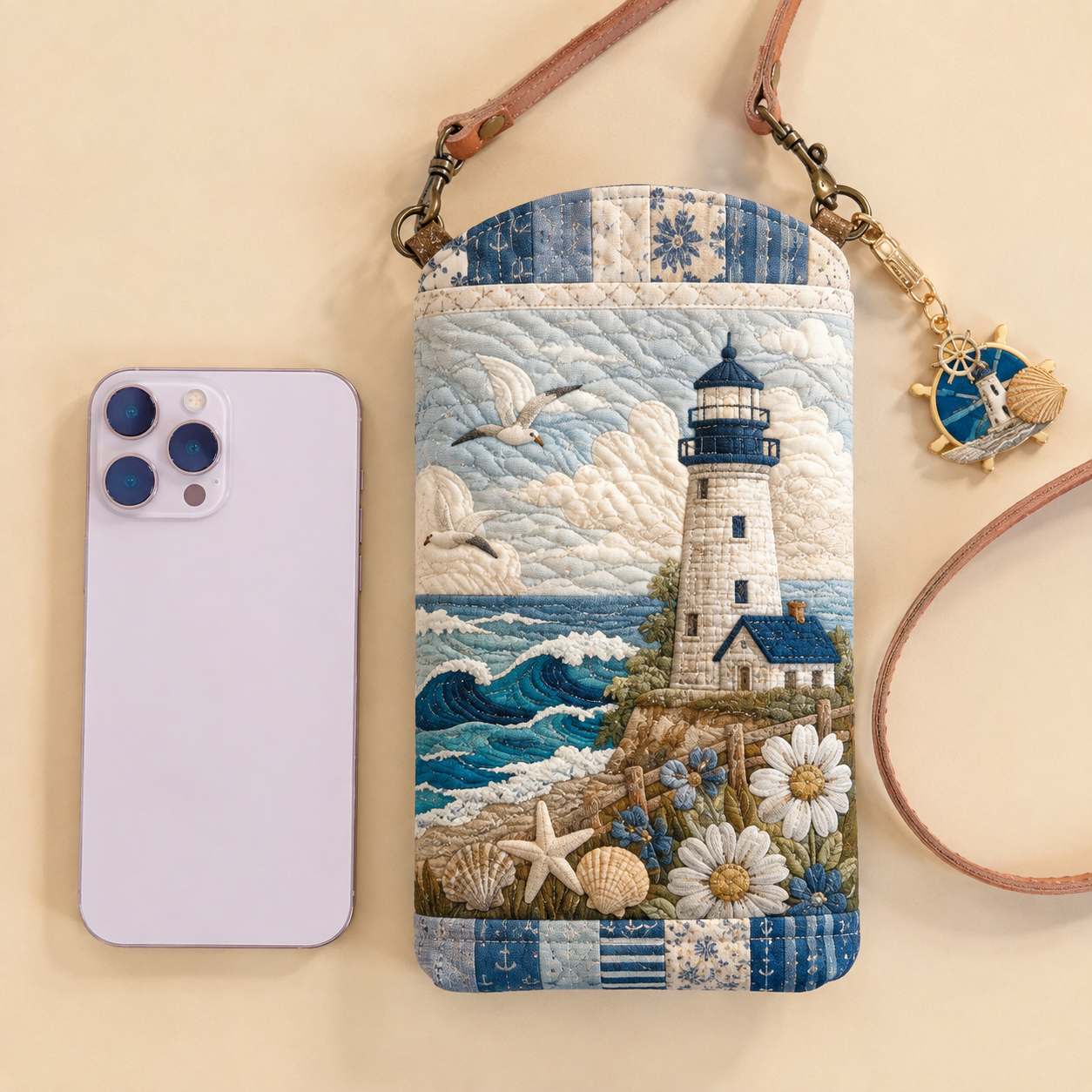 Coastal Lighthouse Ocean Wave Quilted Slim Phone Crossbody Bag