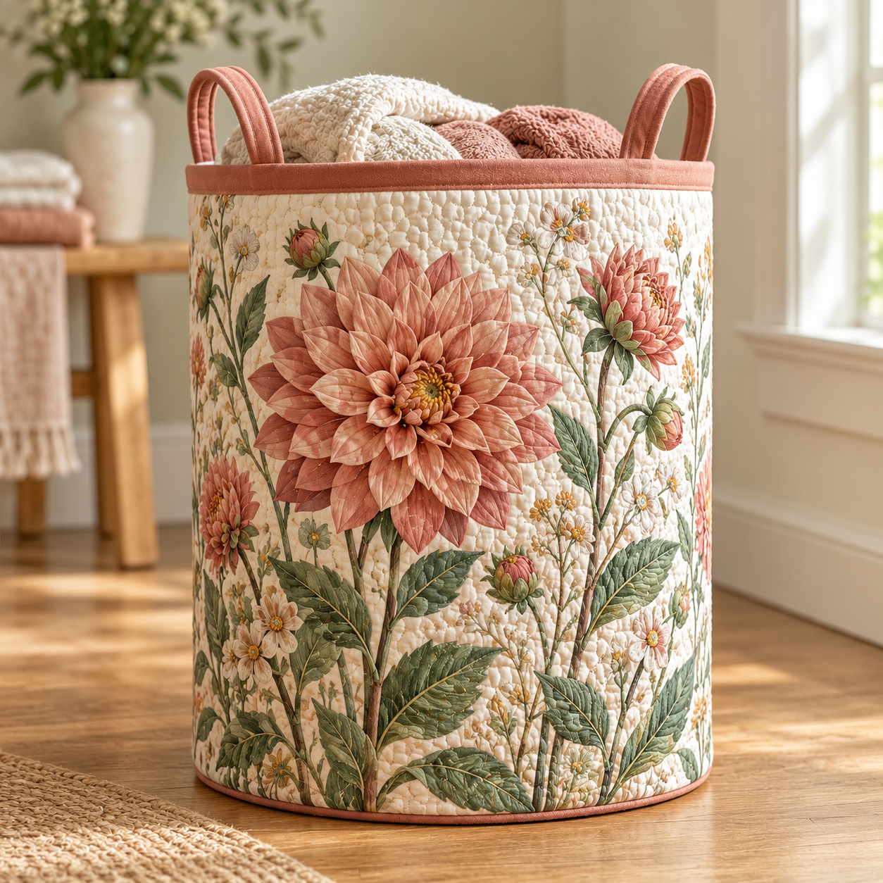 Vintage Dahlia Botanical Quilted Laundry Basket