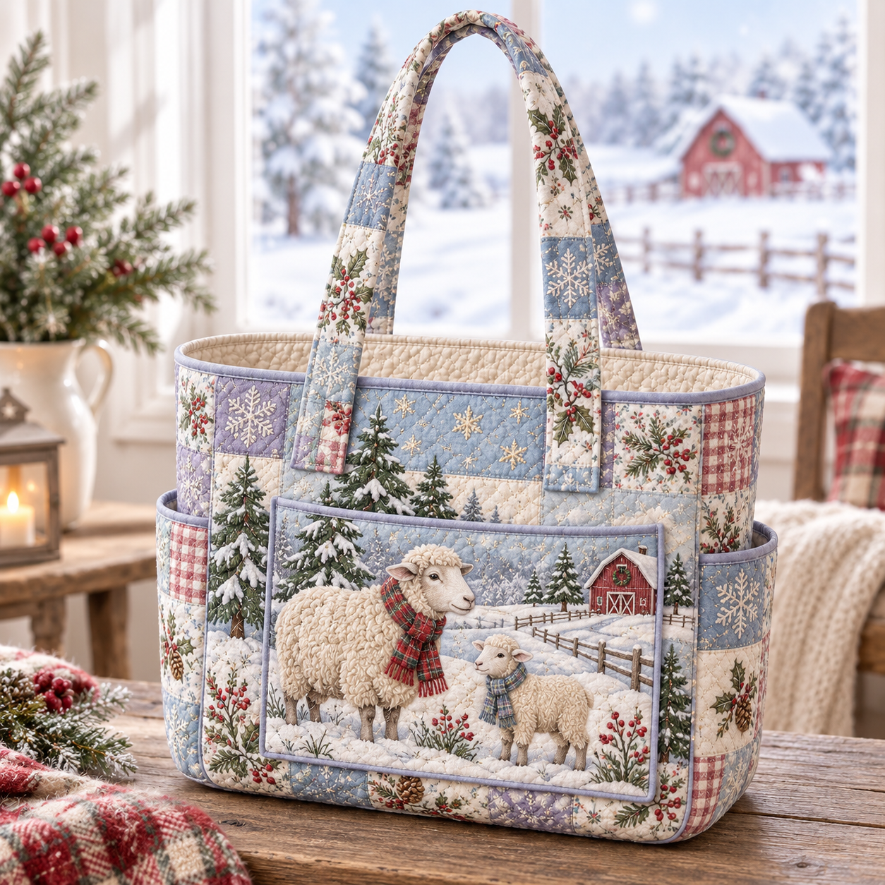 Snowy Sheep Farmhouse Multiple Pockets Quilted Tote Bag