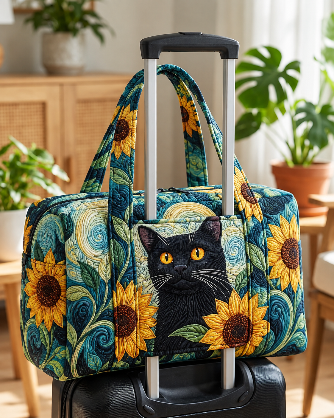 Black Cat Sunflower Swirl Quilted Weekender Bag With Trolley Sleeve