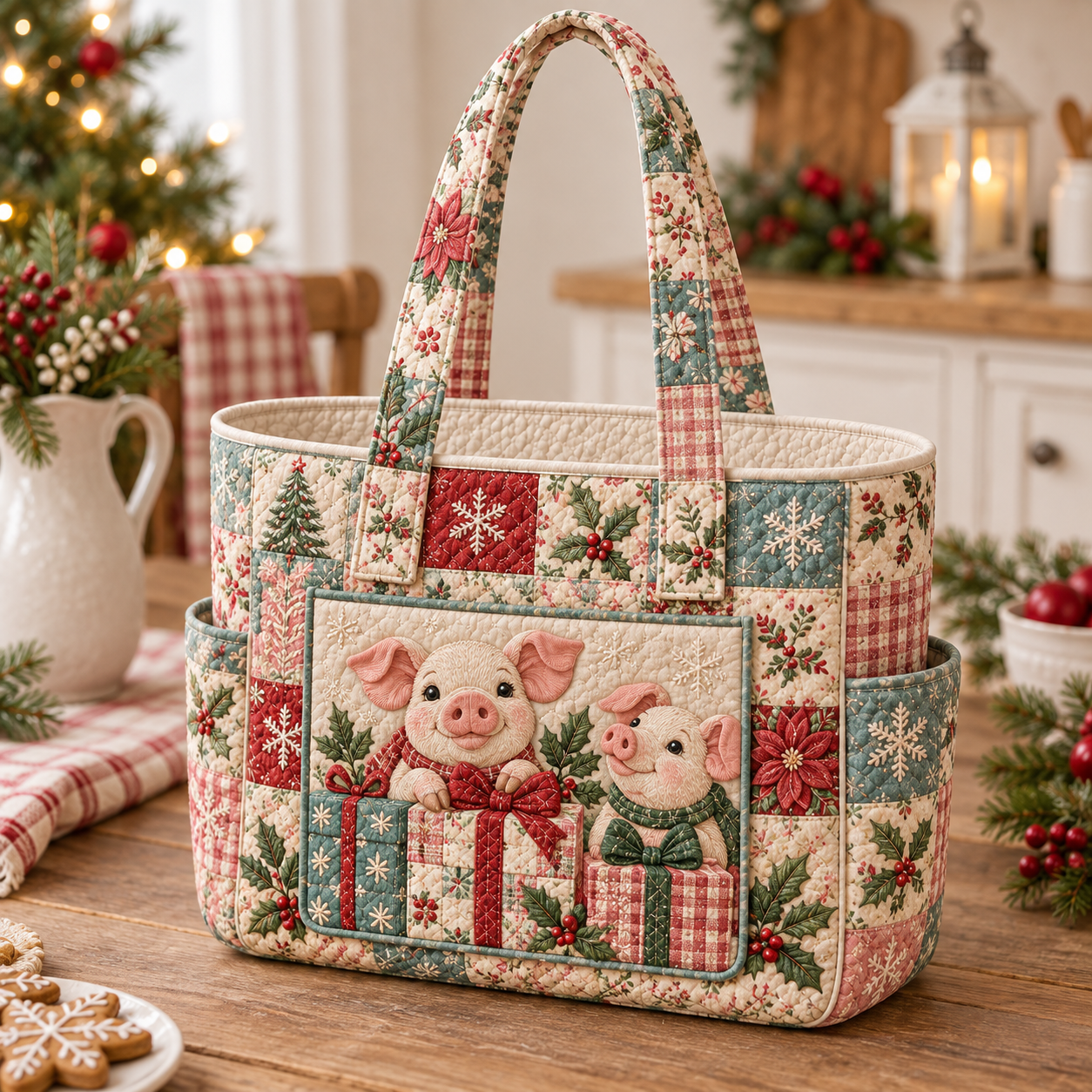 Festive Piglets Patchwork Multiple Pockets Quilted Tote Bag