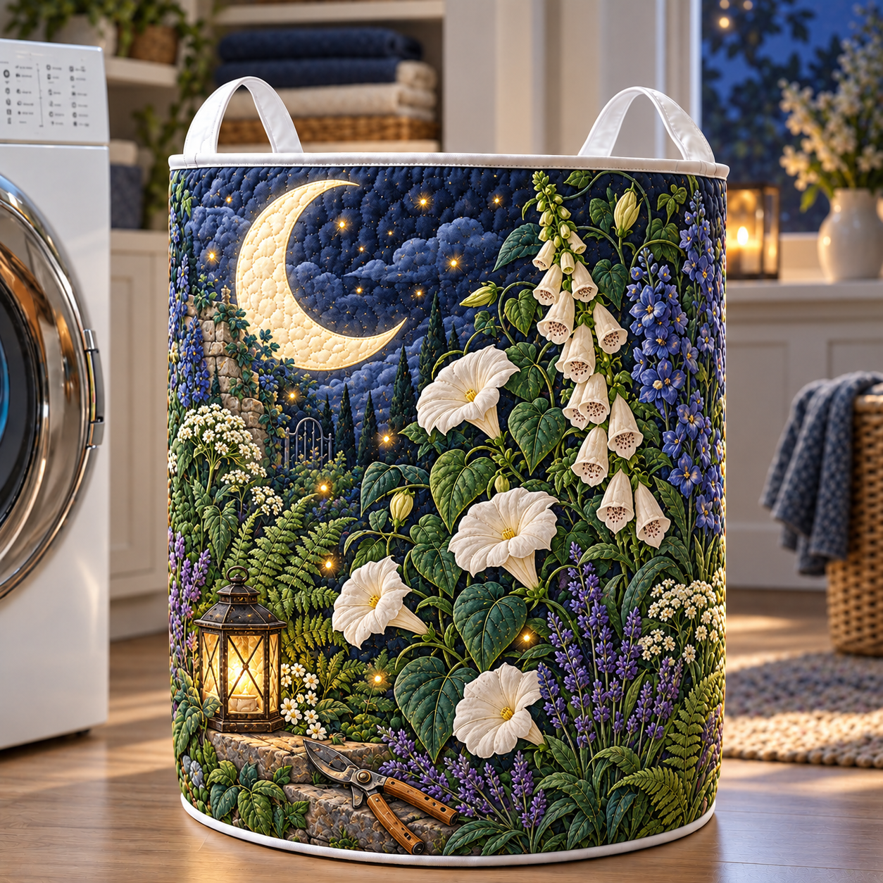 Moonlit White Flower Garden Quilted Laundry Basket