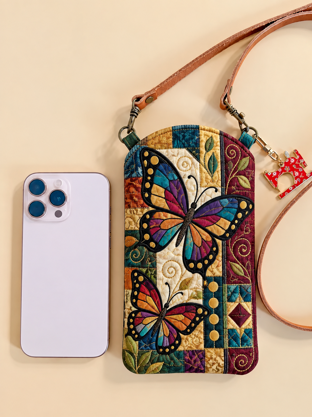 Stained Glass Butterfly Mosaic Quilted Slim Phone Crossbody Bag
