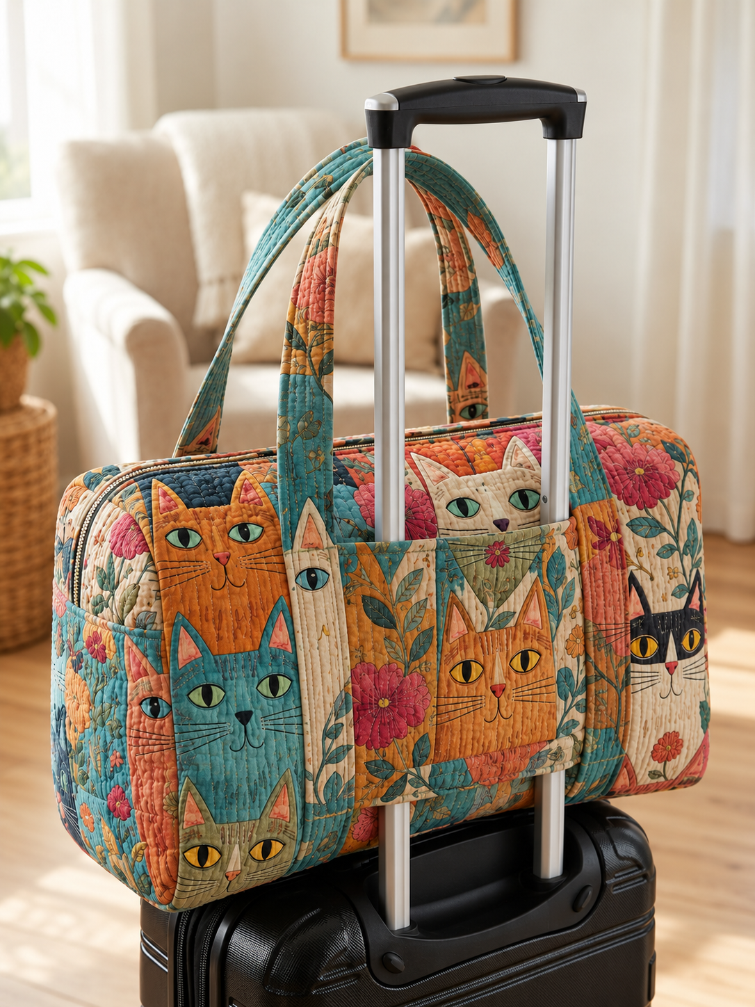 Pastel Cat Garden Patchwork Quilted Weekender Bag With Trolley Sleeve