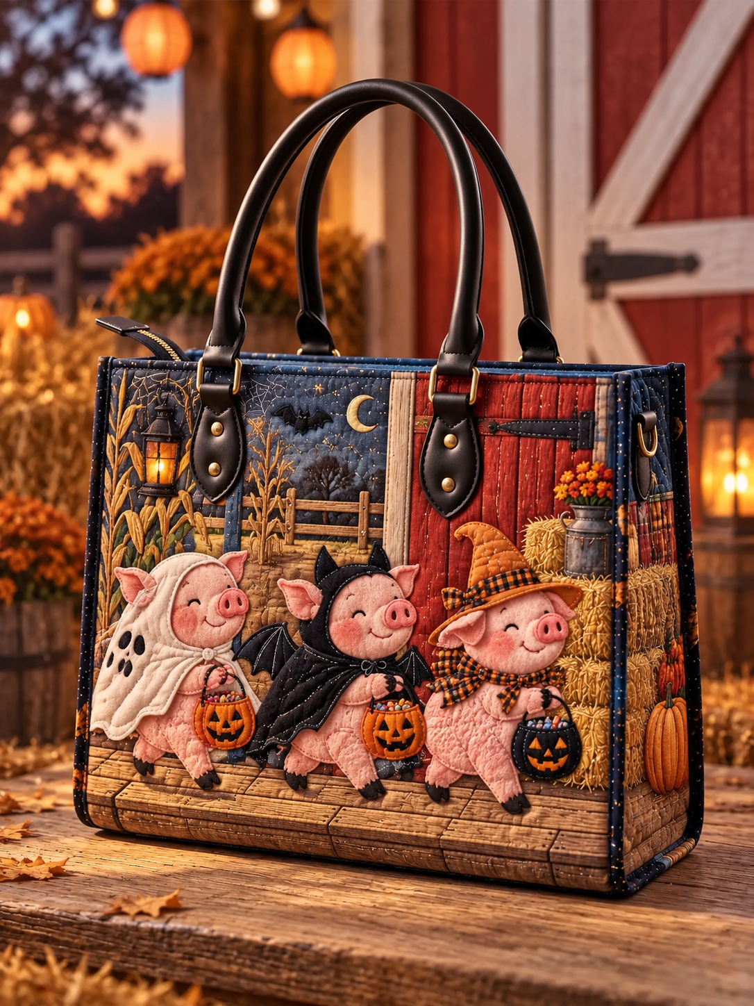 Halloween Piglets Parade Quilted Leather Strap Bible Handbag
