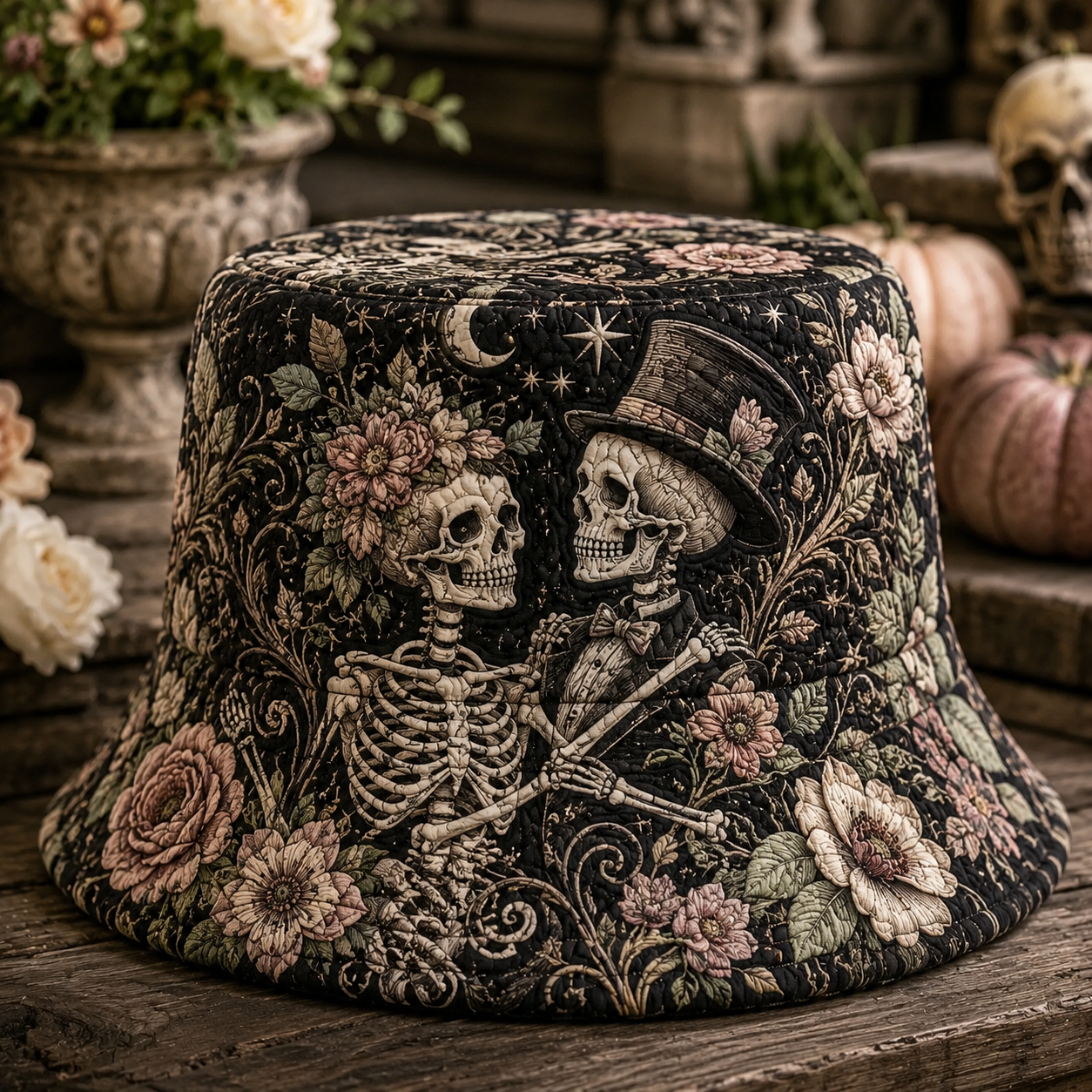 Gothic Skeleton Floral Quilted Fishing Hat
