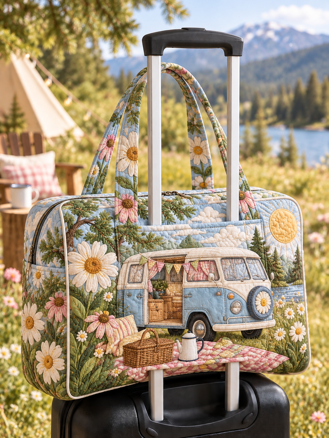 Floral Camper Van Picnic Quilted Weekender Bag With Trolley Sleeve