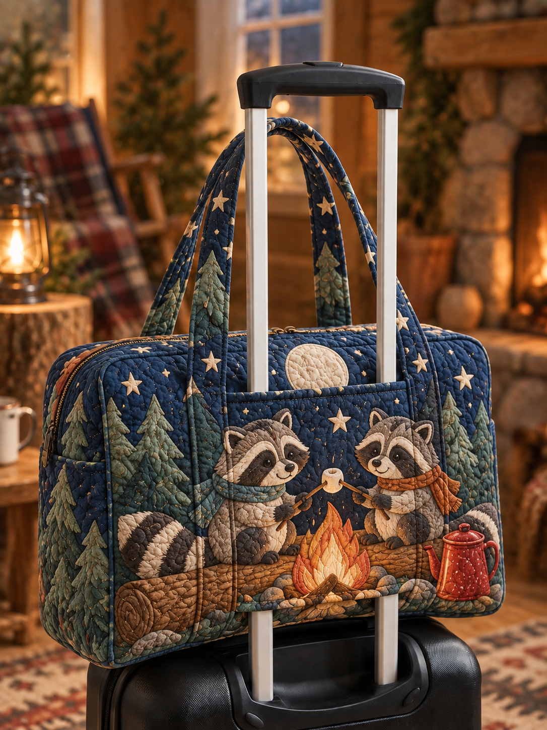 Raccoon Campfire Night Quilted Weekender Bag With Trolley Sleeve
