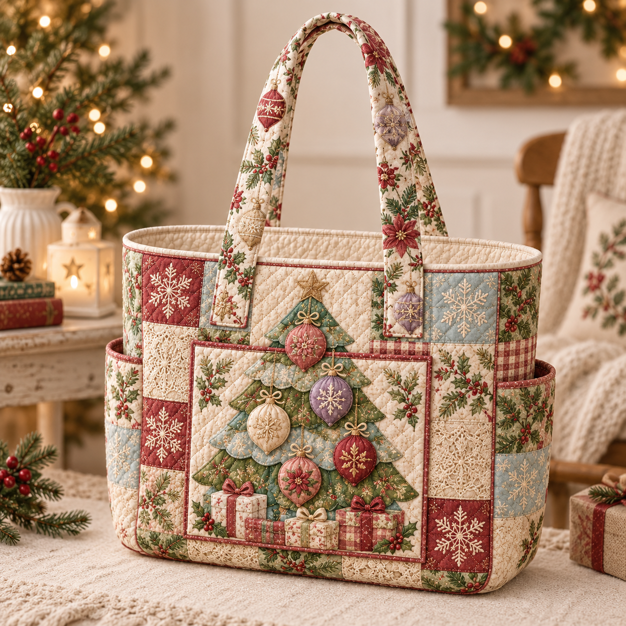 Christmas Ornament Patchwork Multiple Pockets Quilted Tote Bag