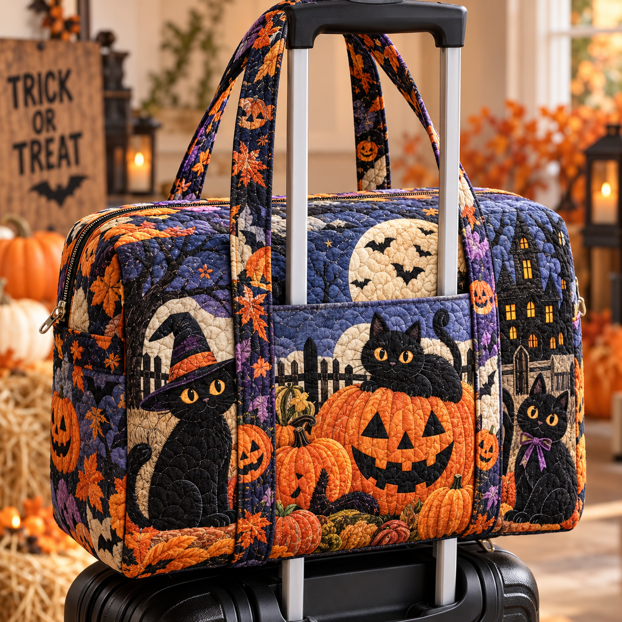 Black Cat Jack-O’-Lantern Quilted Weekender Bag With Trolley Sleeve